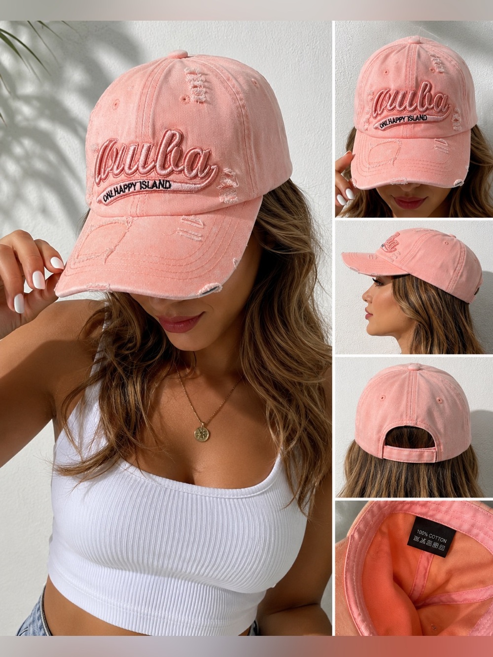 NEW Distressed Peach Pink Streetwear Cotton Cap Adjustable Embroidered Hat